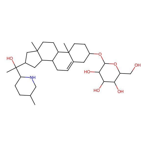 2D Structure of 2-(hydroxymethyl)-6-[[16-[1-hydroxy-1-(5-methylpiperidin-2-yl)ethyl]-10,13-dimethyl-2,3,4,7,8,9,11,12,14,15,16,17-dodecahydro-1H-cyclopenta[a]phenanthren-3-yl]oxy]oxane-3,4,5-triol