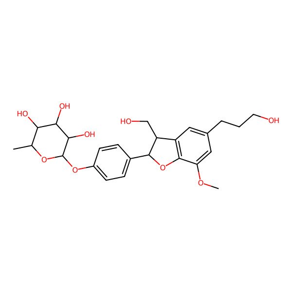 2D Structure of 2-[4-[3-(Hydroxymethyl)-5-(3-hydroxypropyl)-7-methoxy-2,3-dihydro-1-benzofuran-2-yl]phenoxy]-6-methyloxane-3,4,5-triol