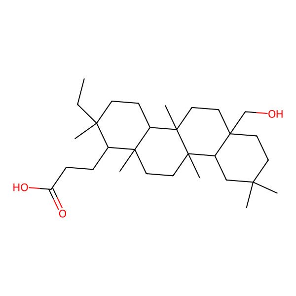 2D Structure of 3-[(1R,2S,4aS,4bR,6aS,10aS,10bS,12aS)-2-ethyl-6a-(hydroxymethyl)-2,4b,9,9,10b,12a-hexamethyl-1,3,4,4a,5,6,7,8,10,10a,11,12-dodecahydrochrysen-1-yl]propanoic acid