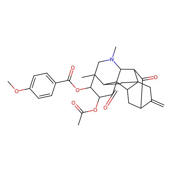 2D Structure of (3-Acetyloxy-5,7-dimethyl-12-methylidene-10,16-dioxo-7-azahexacyclo[9.6.2.01,8.05,17.09,14.014,18]nonadecan-4-yl) 4-methoxybenzoate