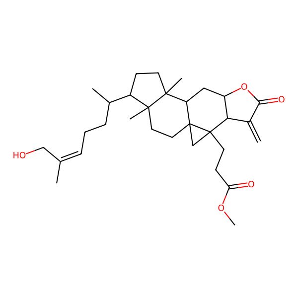 2D Structure of Methyl 3-[14-(7-hydroxy-6-methylhept-5-en-2-yl)-11,15-dimethyl-5-methylidene-6-oxo-7-oxapentacyclo[8.7.0.01,3.04,8.011,15]heptadecan-3-yl]propanoate