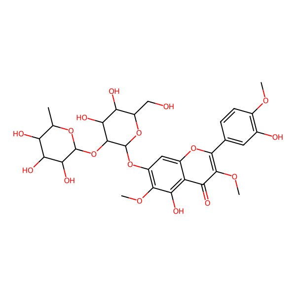2D Structure of 7-[4,5-Dihydroxy-6-(hydroxymethyl)-3-(3,4,5-trihydroxy-6-methyloxan-2-yl)oxyoxan-2-yl]oxy-5-hydroxy-2-(3-hydroxy-4-methoxyphenyl)-3,6-dimethoxychromen-4-one