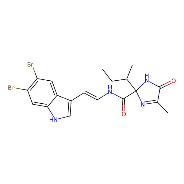 2D Structure of (2S)-2-[(2R)-butan-2-yl]-N-[(Z)-2-(5,6-dibromo-1H-indol-3-yl)ethenyl]-4-methyl-5-oxo-1H-imidazole-2-carboxamide
