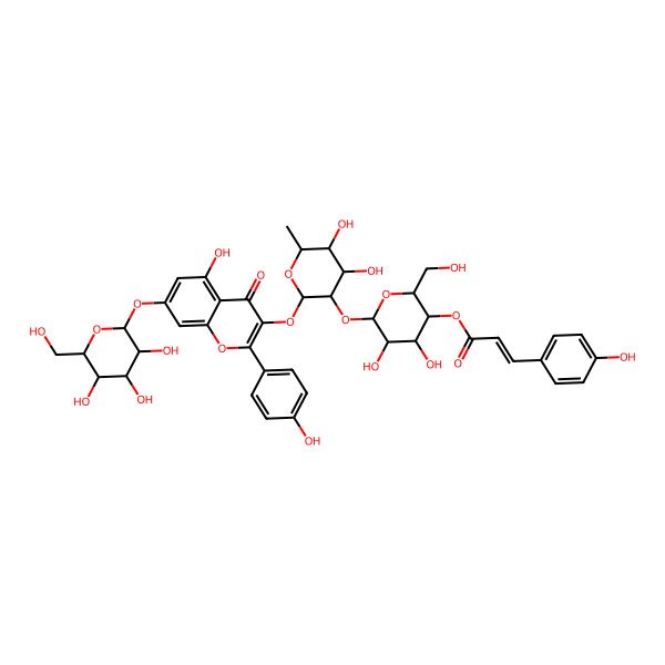 2D Structure of [(2R,3S,4S,5R,6S)-6-[(2S,3S,4R,5R,6S)-4,5-dihydroxy-2-[5-hydroxy-2-(4-hydroxyphenyl)-4-oxo-7-[(2S,3R,4S,5S,6R)-3,4,5-trihydroxy-6-(hydroxymethyl)oxan-2-yl]oxychromen-3-yl]oxy-6-methyloxan-3-yl]oxy-4,5-dihydroxy-2-(hydroxymethyl)oxan-3-yl] (E)-3-(4-hydroxyphenyl)prop-2-enoate