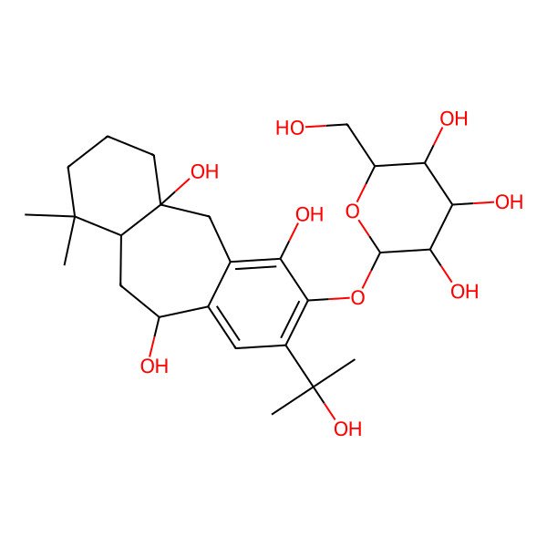 2D Structure of (2R,3S,4S,5R,6S)-2-(hydroxymethyl)-6-[[(1S,9S,11S)-1,4,9-trihydroxy-6-(2-hydroxypropan-2-yl)-12,12-dimethyl-5-tricyclo[9.4.0.03,8]pentadeca-3,5,7-trienyl]oxy]oxane-3,4,5-triol