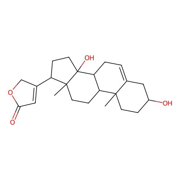 2D Structure of 3-[(3R,8S,10S,13S,14R,17S)-3,14-dihydroxy-10,13-dimethyl-1,2,3,4,7,8,9,11,12,15,16,17-dodecahydrocyclopenta[a]phenanthren-17-yl]-2H-furan-5-one