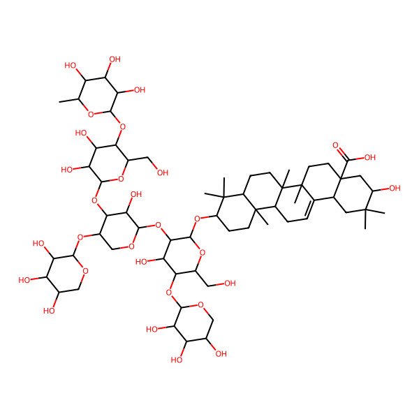 2D Structure of 10-[3-[4-[3,4-Dihydroxy-6-(hydroxymethyl)-5-(3,4,5-trihydroxy-6-methyloxan-2-yl)oxyoxan-2-yl]oxy-3-hydroxy-5-(3,4,5-trihydroxyoxan-2-yl)oxyoxan-2-yl]oxy-4-hydroxy-6-(hydroxymethyl)-5-(3,4,5-trihydroxyoxan-2-yl)oxyoxan-2-yl]oxy-3-hydroxy-2,2,6a,6b,9,9,12a-heptamethyl-1,3,4,5,6,6a,7,8,8a,10,11,12,13,14b-tetradecahydropicene-4a-carboxylic acid