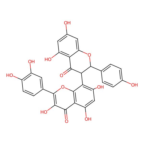 2D Structure of 8-[(2S,3R)-5,7-dihydroxy-2-(4-hydroxyphenyl)-4-oxo-2,3-dihydrochromen-3-yl]-2-(3,4-dihydroxyphenyl)-3,5,7-trihydroxychromen-4-one