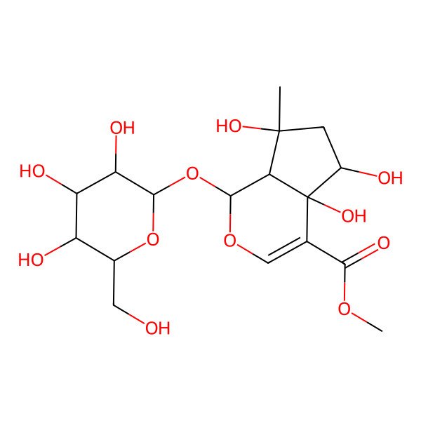 2D Structure of methyl (1R,4aR,5R,7S,7aR)-4a,5,7-trihydroxy-7-methyl-1-[(2R,3S,4R,5S,6S)-3,4,5-trihydroxy-6-(hydroxymethyl)oxan-2-yl]oxy-1,5,6,7a-tetrahydrocyclopenta[c]pyran-4-carboxylate