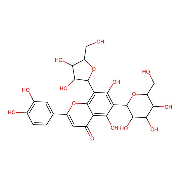 2D Structure of 8-[(2S,3R,4R,5S)-3,4-dihydroxy-5-(hydroxymethyl)oxolan-2-yl]-2-(3,4-dihydroxyphenyl)-5,7-dihydroxy-6-[(2S,3R,4R,5S,6R)-3,4,5-trihydroxy-6-(hydroxymethyl)oxan-2-yl]chromen-4-one