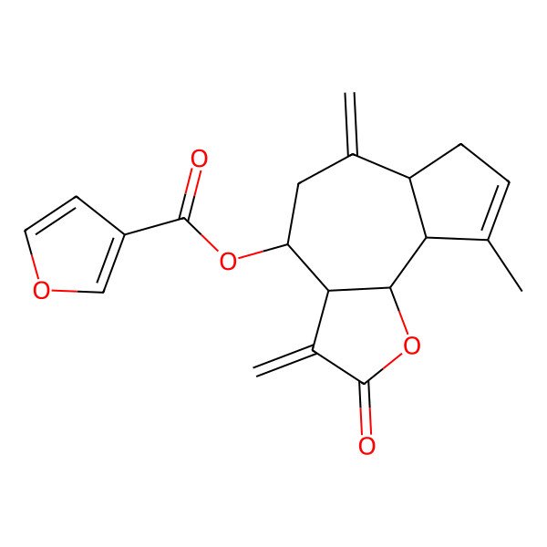 2D Structure of [(3aR,4R,6aR,9aR,9bR)-9-methyl-3,6-dimethylidene-2-oxo-4,5,6a,7,9a,9b-hexahydro-3aH-azuleno[4,5-b]furan-4-yl] furan-3-carboxylate