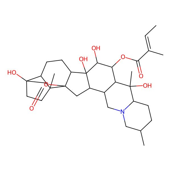 2D Structure of (10,13,14,22-Tetrahydroxy-6,10,19-trimethyl-23-oxo-24-oxa-4-azaheptacyclo[12.12.0.02,11.04,9.015,25.018,22.019,25]hexacosan-12-yl) 2-methylbut-2-enoate