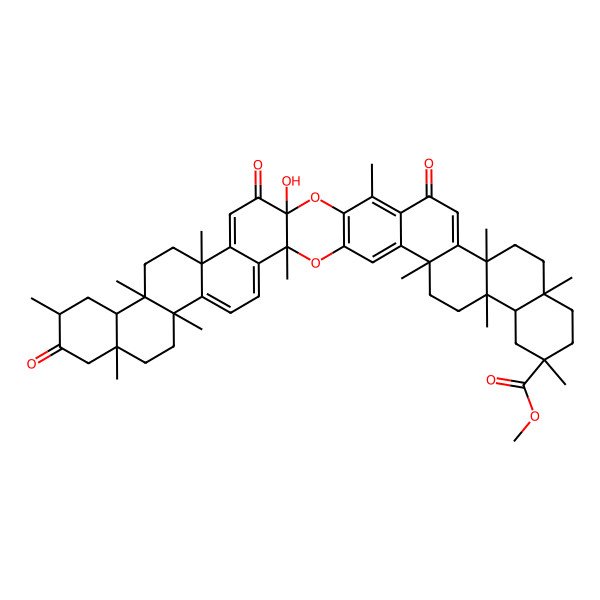 2D Structure of Methyl 24-hydroxy-3,8,11,14,17,20,27,32,35,38,41,44-dodecamethyl-13,23,29-trioxo-2,25-dioxaundecacyclo[24.20.0.03,24.04,21.07,20.08,17.011,16.028,45.031,44.032,41.035,40]hexatetraconta-1(26),4,6,21,27,30,45-heptaene-38-carboxylate