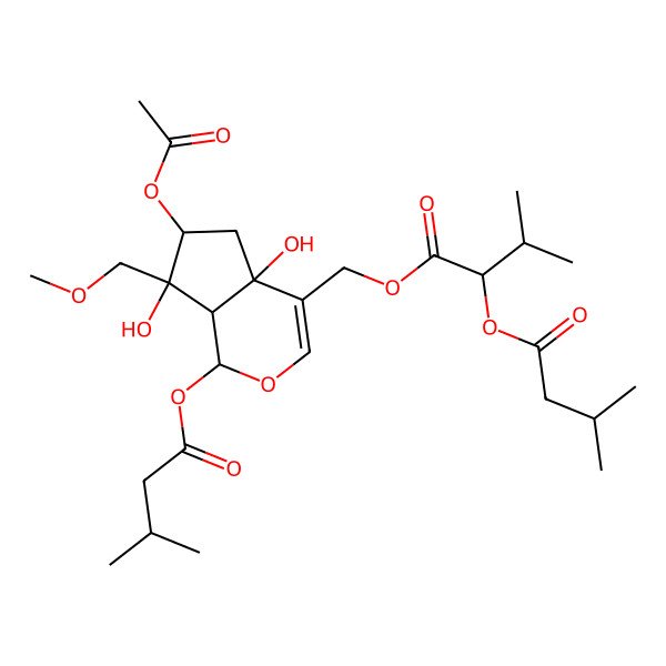 2D Structure of [(1S,4aR,6S,7R,7aS)-6-acetyloxy-4a,7-dihydroxy-7-(methoxymethyl)-1-(3-methylbutanoyloxy)-1,5,6,7a-tetrahydrocyclopenta[c]pyran-4-yl]methyl (2R)-3-methyl-2-(3-methylbutanoyloxy)butanoate
