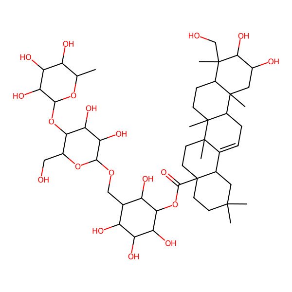 2D Structure of [(1R,2S,3R,4R,5S,6R)-3-[[(2R,3R,4R,5S,6R)-3,4-dihydroxy-6-(hydroxymethyl)-5-[(2R,3R,4R,5R,6S)-3,4,5-trihydroxy-6-methyloxan-2-yl]oxyoxan-2-yl]oxymethyl]-2,4,5,6-tetrahydroxycyclohexyl] (4aS,6aR,6aS,6bR,8aR,9R,10R,11R,12aR,14bS)-10,11-dihydroxy-9-(hydroxymethyl)-2,2,6a,6b,9,12a-hexamethyl-1,3,4,5,6,6a,7,8,8a,10,11,12,13,14b-tetradecahydropicene-4a-carboxylate