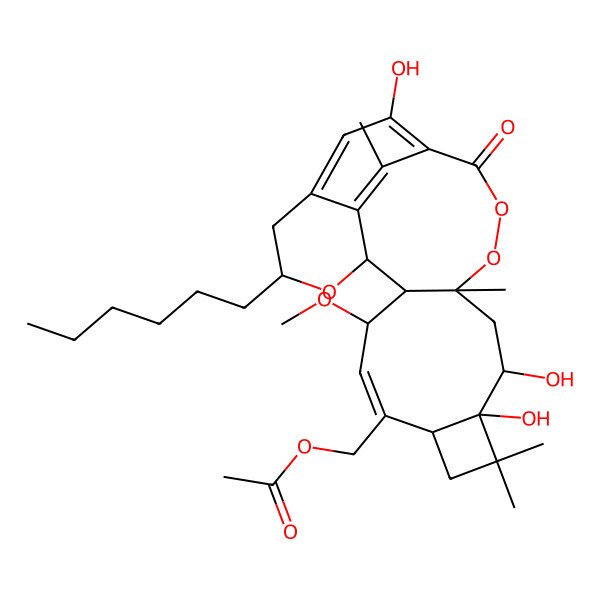 2D Structure of (21-Hexyl-9,10,17-trihydroxy-3-methoxy-8,8,12,24-tetramethyl-15-oxo-13,14,22-trioxapentacyclo[14.6.2.02,12.06,9.019,23]tetracosa-4,16,18,23-tetraen-5-yl)methyl acetate