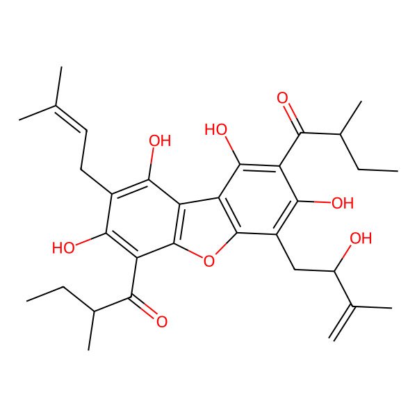 2D Structure of (2R)-2-methyl-1-[1,3,7,9-tetrahydroxy-4-[(2S)-2-hydroxy-3-methylbut-3-enyl]-6-[(2R)-2-methylbutanoyl]-8-(3-methylbut-2-enyl)dibenzofuran-2-yl]butan-1-one