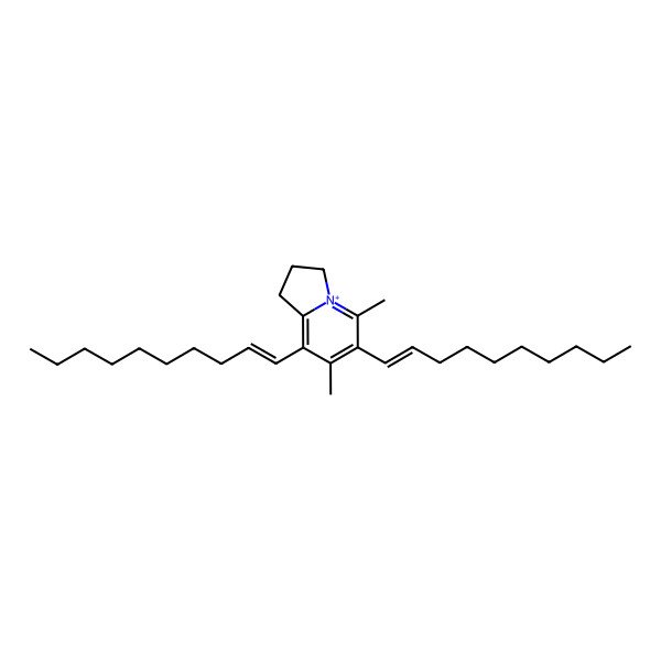 2D Structure of 6,8-bis(dec-1-enyl)-5,7-dimethyl-2,3-dihydro-1H-indolizin-4-ium