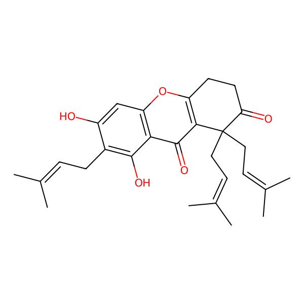 2D Structure of 6,8-Dihydroxy-1,1,7-tris(3-methylbut-2-enyl)-3,4-dihydroxanthene-2,9-dione 2D Structure of 6,8-Dihydroxy-1,1,7-tris(3-methylbut-2-enyl)-3,4-dihydroxanthene-2,9-dione