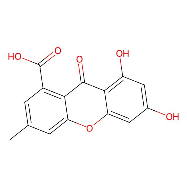 2D Structure of 6,8-Dihydroxy-3-methyl-9-oxo-9h-xanthene-1-carboxylic acid