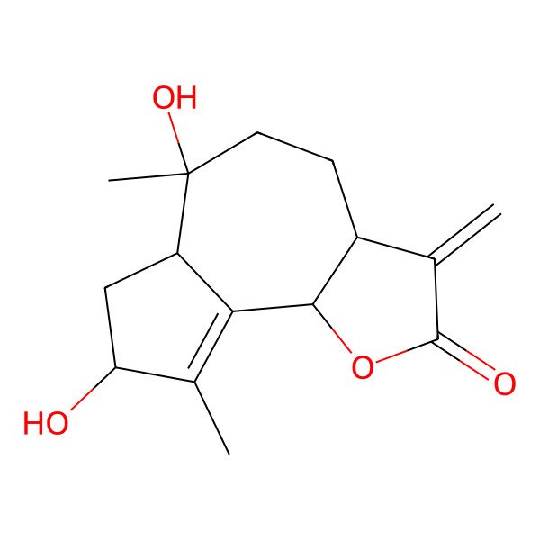 2D Structure of 6,8-dihydroxy-6,9-dimethyl-3-methylidene-4,5,6a,7,8,9b-hexahydro-3aH-azuleno[4,5-b]furan-2-one