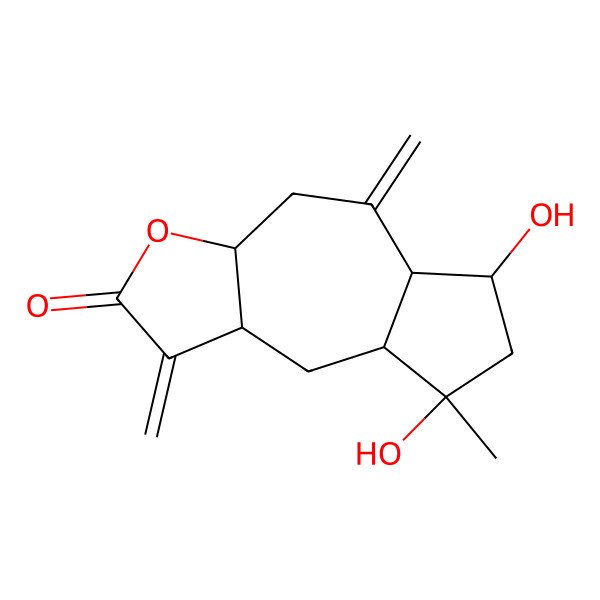 2D Structure of 6,8-Dihydroxy-8-methyl-1,5-dimethylidene-3a,4,5a,6,7,8a,9,9a-octahydroazuleno[6,5-b]furan-2-one