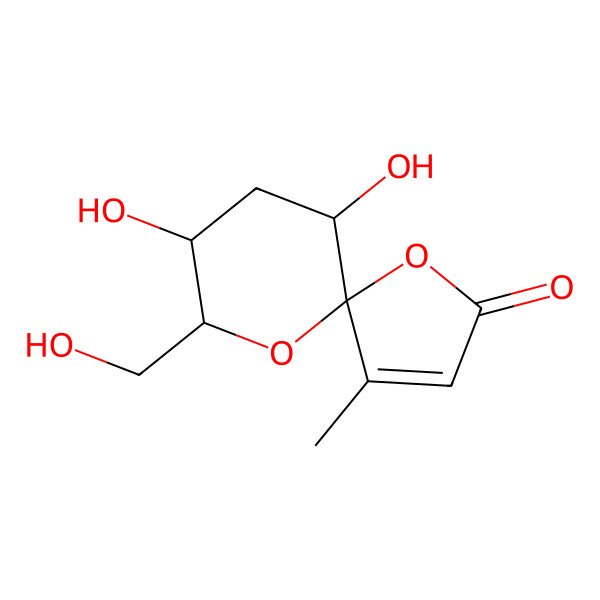 2D Structure of 6,8-Dihydroxy-9-(hydroxymethyl)-4-methyl-1,10-dioxaspiro[4.5]dec-3-en-2-one