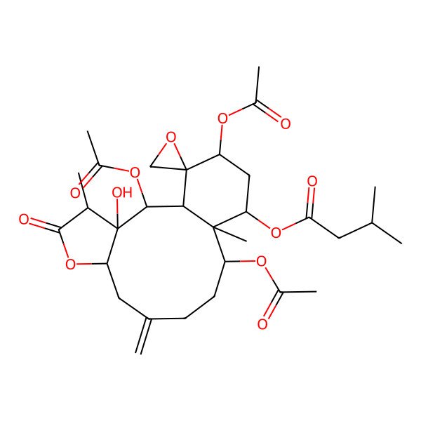 2D Structure of [(1S,2S,3S,4R,7S,12S,13S,14S,16R,17R)-2,12,16-triacetyloxy-3-hydroxy-4,13-dimethyl-9-methylidene-5-oxospiro[6-oxatricyclo[11.4.0.03,7]heptadecane-17,2'-oxirane]-14-yl] 3-methylbutanoate