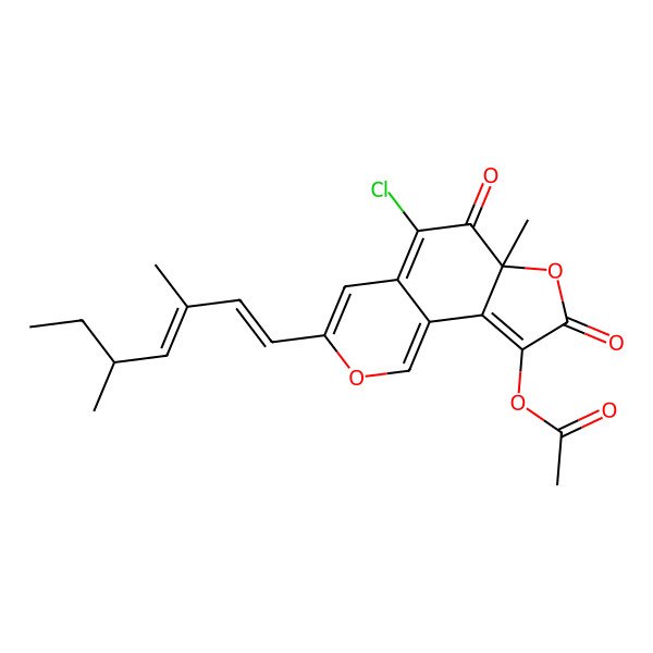 2D Structure of [(6aR)-5-chloro-3-[(1E,3E,5R)-3,5-dimethylhepta-1,3-dienyl]-6a-methyl-6,8-dioxofuro[2,3-h]isochromen-9-yl] acetate
