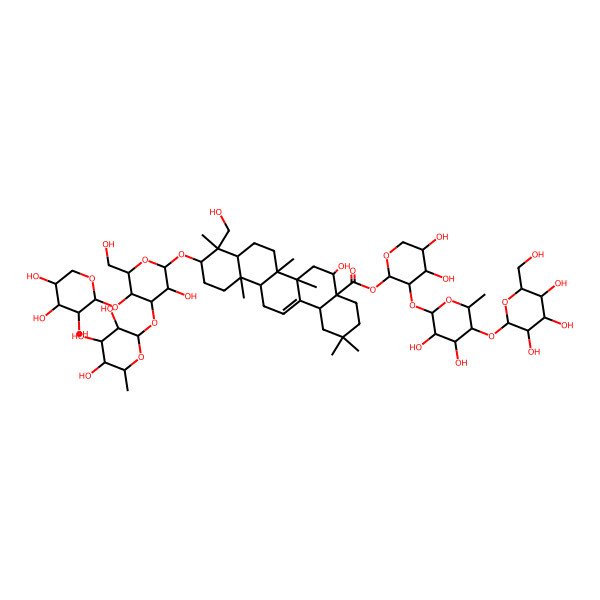 2D Structure of [(2R,3S,4S,5R)-3-[(2S,3R,4R,5R,6S)-3,4-dihydroxy-6-methyl-5-[(2S,3R,4S,5S,6R)-3,4,5-trihydroxy-6-(hydroxymethyl)oxan-2-yl]oxyoxan-2-yl]oxy-4,5-dihydroxyoxan-2-yl] (4aR,5R,6aR,6aS,6bR,8aR,9S,10S,12aR,14bS)-5-hydroxy-10-[(2R,3R,4S,5R,6R)-3-hydroxy-6-(hydroxymethyl)-4-[(2S,3R,4R,5R,6S)-3,4,5-trihydroxy-6-methyloxan-2-yl]oxy-5-[(2S,3R,4S,5R)-3,4,5-trihydroxyoxan-2-yl]oxyoxan-2-yl]oxy-9-(hydroxymethyl)-2,2,6a,6b,9,12a-hexamethyl-1,3,4,5,6,6a,7,8,8a,10,11,12,13,14b-tetradecahydropicene-4a-carboxylate