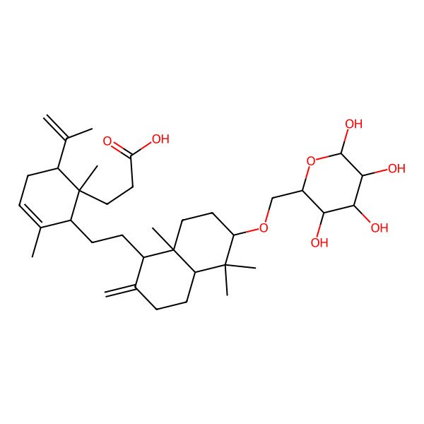 2D Structure of 3-[(1S,2S,6S)-2-[2-[(1S,4aR,6S,8aR)-5,5,8a-trimethyl-2-methylidene-6-[[(2R,3S,4S,5R,6R)-3,4,5,6-tetrahydroxyoxan-2-yl]methoxy]-3,4,4a,6,7,8-hexahydro-1H-naphthalen-1-yl]ethyl]-1,3-dimethyl-6-prop-1-en-2-ylcyclohex-3-en-1-yl]propanoic acid