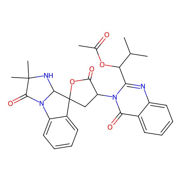 2D Structure of [(1R)-1-[3-[(3'R,3aS,4S)-2,2-dimethyl-1,2'-dioxospiro[3,3a-dihydroimidazo[1,2-a]indole-4,5'-oxolane]-3'-yl]-4-oxoquinazolin-2-yl]-2-methylpropyl] acetate