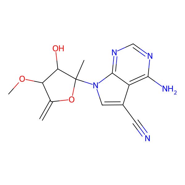 2D Structure of 4-amino-7-[(2R,3R,4S)-3-hydroxy-4-methoxy-2-methyl-5-methylideneoxolan-2-yl]pyrrolo[2,3-d]pyrimidine-5-carbonitrile