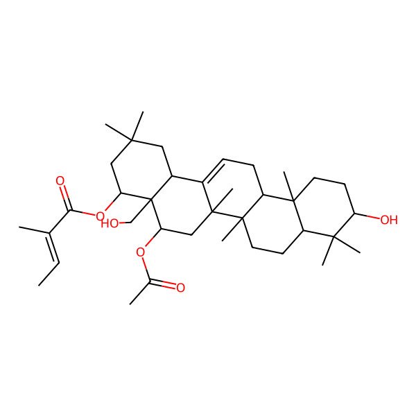 2D Structure of [5-Acetyloxy-10-hydroxy-4a-(hydroxymethyl)-2,2,6a,6b,9,9,12a-heptamethyl-1,3,4,5,6,6a,7,8,8a,10,11,12,13,14b-tetradecahydropicen-4-yl] 2-methylbut-2-enoate