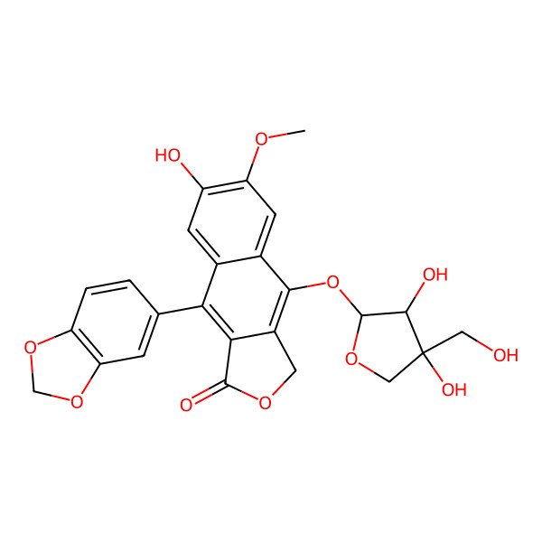 2D Structure of 9-(1,3-benzodioxol-5-yl)-4-[(2S,3R,4R)-3,4-dihydroxy-4-(hydroxymethyl)oxolan-2-yl]oxy-7-hydroxy-6-methoxy-3H-benzo[f][2]benzofuran-1-one