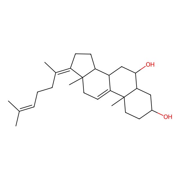 2D Structure of 10,13-Dimethyl-17-(6-methylhept-5-en-2-ylidene)-1,2,3,4,5,6,7,8,12,14,15,16-dodecahydrocyclopenta[a]phenanthrene-3,6-diol