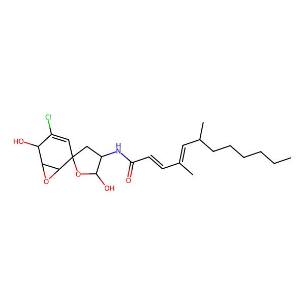 2D Structure of (2E,4E,6R)-N-[(1S,2R,2'S,3'S,5R,6S)-4-chloro-2',5-dihydroxyspiro[7-oxabicyclo[4.1.0]hept-3-ene-2,5'-oxolane]-3'-yl]-4,6-dimethyldodeca-2,4-dienamide