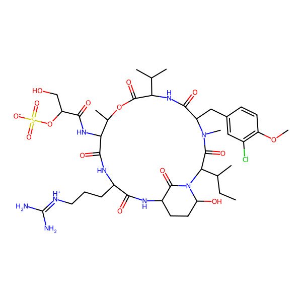 2D Structure of [(2R)-1-[[(2S,5S,8S,11R,12S,15S,18S,21R)-2-[(2S)-butan-2-yl]-5-[(3-chloro-4-methoxyphenyl)methyl]-15-[3-(diaminomethylideneazaniumyl)propyl]-21-hydroxy-4,11-dimethyl-3,6,9,13,16,22-hexaoxo-8-propan-2-yl-10-oxa-1,4,7,14,17-pentazabicyclo[16.3.1]docosan-12-yl]amino]-3-hydroxy-1-oxopropan-2-yl] sulfate