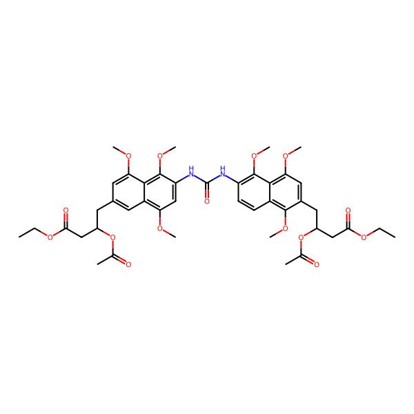 2D Structure of ethyl (3S)-3-acetyloxy-4-[6-[[6-[(2R)-2-acetyloxy-4-ethoxy-4-oxobutyl]-1,5,8-trimethoxynaphthalen-2-yl]carbamoylamino]-4,5,8-trimethoxynaphthalen-2-yl]butanoate