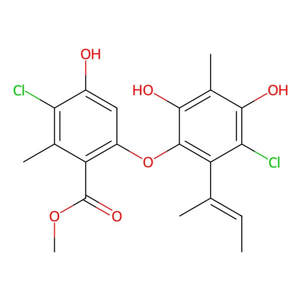 2D Structure of Methyl 6-(2-but-2-en-2-yl-3-chloro-4,6-dihydroxy-5-methylphenoxy)-3-chloro-4-hydroxy-2-methylbenzoate
