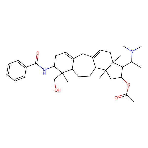 2D Structure of [(6S,7S,8R,11R,12S,14R,15S,16R)-6-benzamido-15-[(1S)-1-(dimethylamino)ethyl]-7-(hydroxymethyl)-7,12,16-trimethyl-14-tetracyclo[9.7.0.03,8.012,16]octadeca-1(18),3-dienyl] acetate