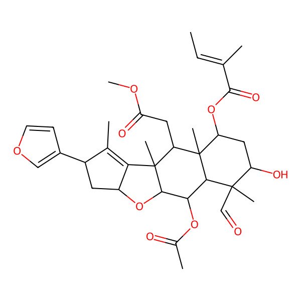 2D Structure of [(1S,2S,3S,4R,5R,7R,8R,9S,10S,13R,15S)-2-acetyloxy-4-formyl-13-(furan-3-yl)-5-hydroxy-9-(2-methoxy-2-oxoethyl)-4,8,10,12-tetramethyl-16-oxatetracyclo[8.6.0.03,8.011,15]hexadec-11-en-7-yl] (E)-2-methylbut-2-enoate