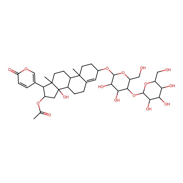 2D Structure of [(3S,8R,9S,10R,13R,14S,16S,17R)-3-[(2R,3R,4R,5S,6R)-3,4-dihydroxy-6-(hydroxymethyl)-5-[(2S,3R,4S,5S,6R)-3,4,5-trihydroxy-6-(hydroxymethyl)oxan-2-yl]oxyoxan-2-yl]oxy-14-hydroxy-10,13-dimethyl-17-(6-oxopyran-3-yl)-1,2,3,6,7,8,9,11,12,15,16,17-dodecahydrocyclopenta[a]phenanthren-16-yl] acetate