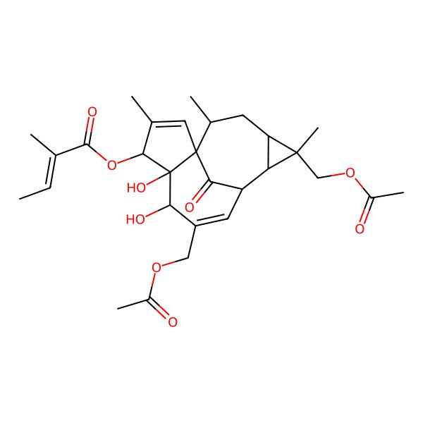 2D Structure of [(1S,4S,5S,6R,9S,10R,11R,12R,14R)-7,11-bis(acetyloxymethyl)-5,6-dihydroxy-3,11,14-trimethyl-15-oxo-4-tetracyclo[7.5.1.01,5.010,12]pentadeca-2,7-dienyl] (Z)-2-methylbut-2-enoate