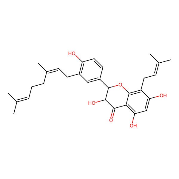 2D Structure of 2-[3-(3,7-Dimethylocta-2,6-dienyl)-4-hydroxyphenyl]-3,5,7-trihydroxy-8-(3-methylbut-2-enyl)-2,3-dihydrochromen-4-one