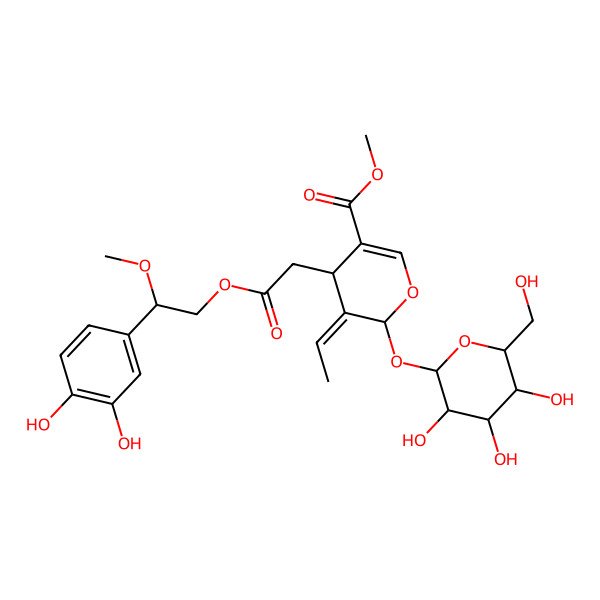 2D Structure of methyl (4S,5E,6S)-4-[2-[(2S)-2-(3,4-dihydroxyphenyl)-2-methoxyethoxy]-2-oxoethyl]-5-ethylidene-6-[(2S,3R,4S,5S,6R)-3,4,5-trihydroxy-6-(hydroxymethyl)oxan-2-yl]oxy-4H-pyran-3-carboxylate