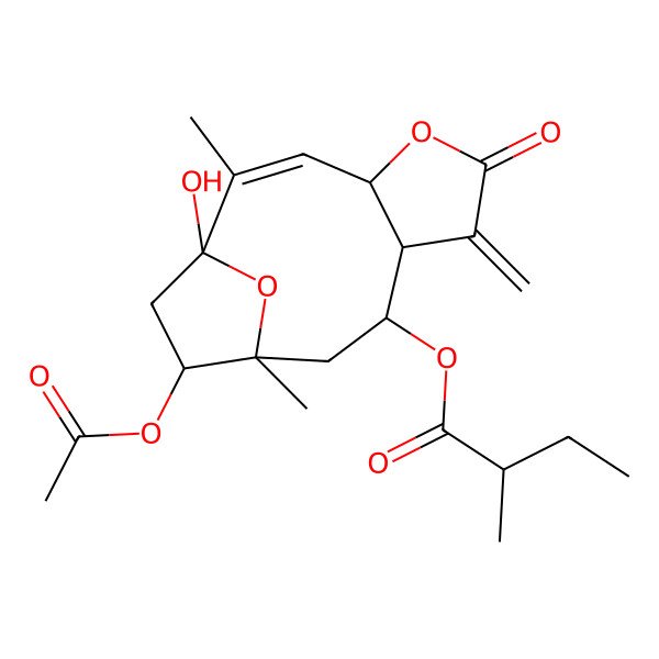 2D Structure of (12-Acetyloxy-1-hydroxy-2,11-dimethyl-7-methylidene-6-oxo-5,14-dioxatricyclo[9.2.1.04,8]tetradec-2-en-9-yl) 2-methylbutanoate