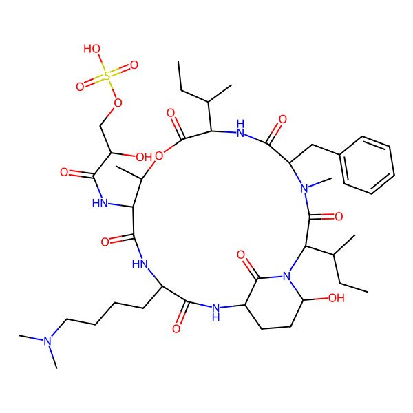 2D Structure of [3-[[5-Benzyl-2,8-di(butan-2-yl)-15-[4-(dimethylamino)butyl]-21-hydroxy-4,11-dimethyl-3,6,9,13,16,22-hexaoxo-10-oxa-1,4,7,14,17-pentazabicyclo[16.3.1]docosan-12-yl]amino]-2-hydroxy-3-oxopropyl] hydrogen sulfate