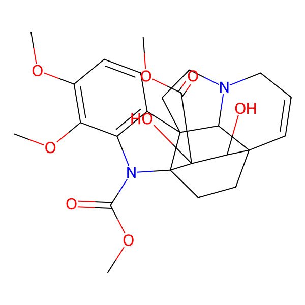 2D Structure of Dimethyl 17,18-dihydroxy-4,5-dimethoxy-2,12-diazahexacyclo[14.2.2.19,12.01,9.03,8.016,21]henicosa-3(8),4,6,14-tetraene-2,18-dicarboxylate