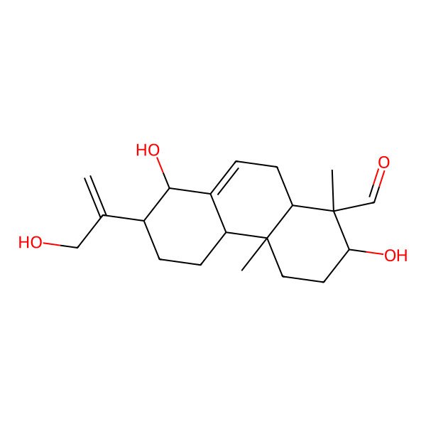 2D Structure of (1R,2R,4aS,4bS,7S,8R,10aS)-2,8-dihydroxy-7-(3-hydroxyprop-1-en-2-yl)-1,4a-dimethyl-2,3,4,4b,5,6,7,8,10,10a-decahydrophenanthrene-1-carbaldehyde